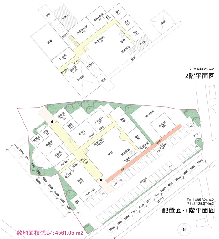 配置図：1階平面図（1F =1.485.824㎡）、2F平面図（2F=643.25㎡）、計：2.129.074㎡。敷地面積想定：4561.05㎡