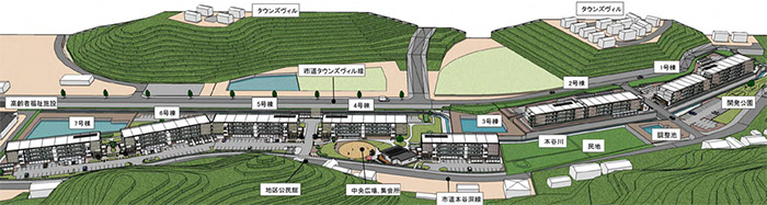 西から順に1号棟から7号棟まで並んでおり、4号棟の前には中央広場と集会所があります。