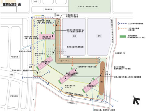 戸建住宅地への配慮（日陰、景観、配置等）、日照・眺望を考慮した南向きの建物配置など